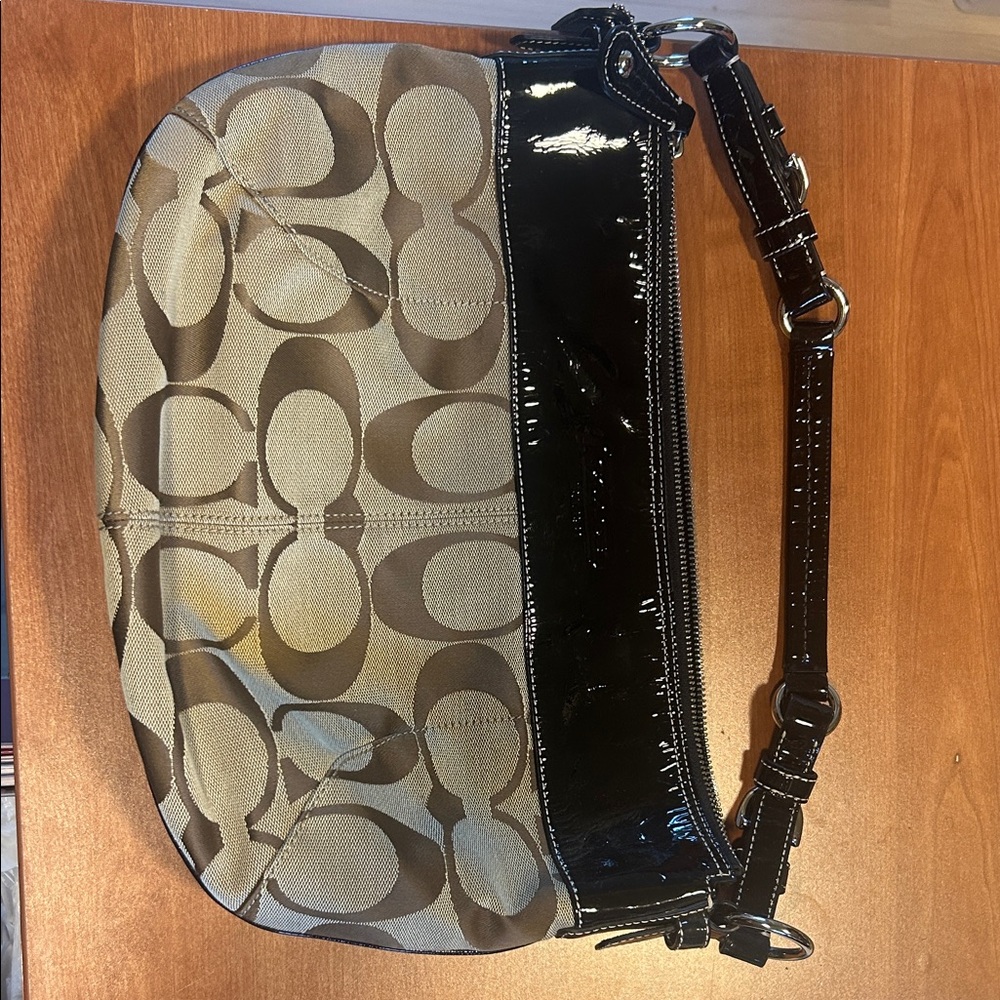 Coach Signature Canvas and Black Patent Shoulder Bag